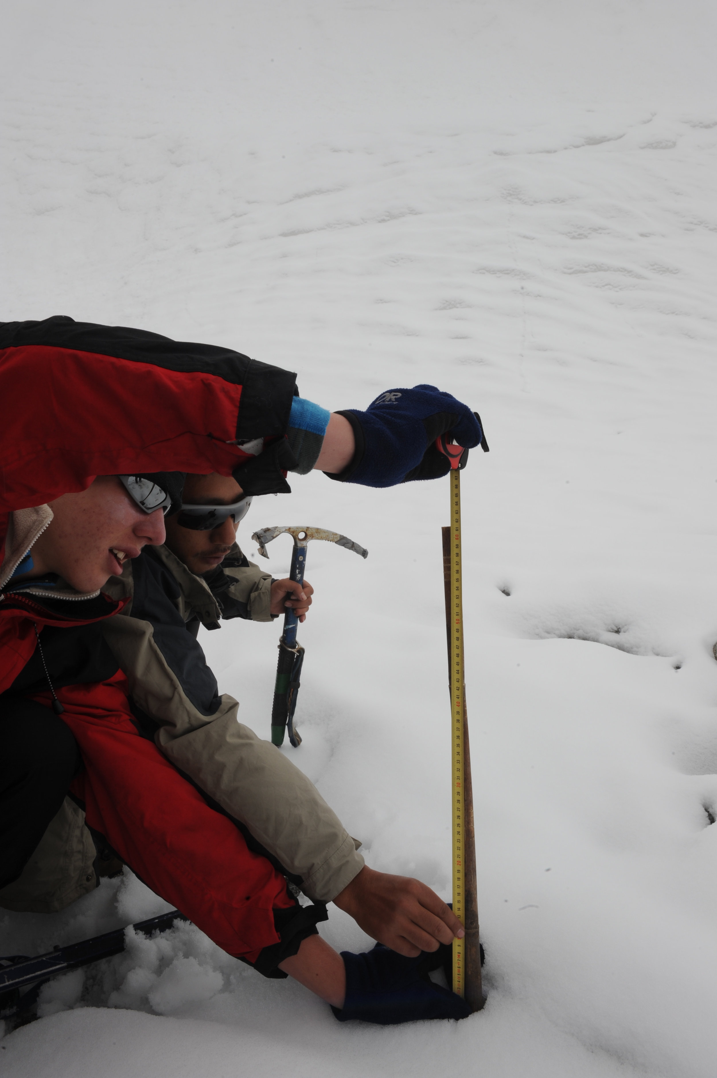 Assisted by Samir, Alexandre measures the exposed portion of the stake. This will allow comparison with measurements from prior years.