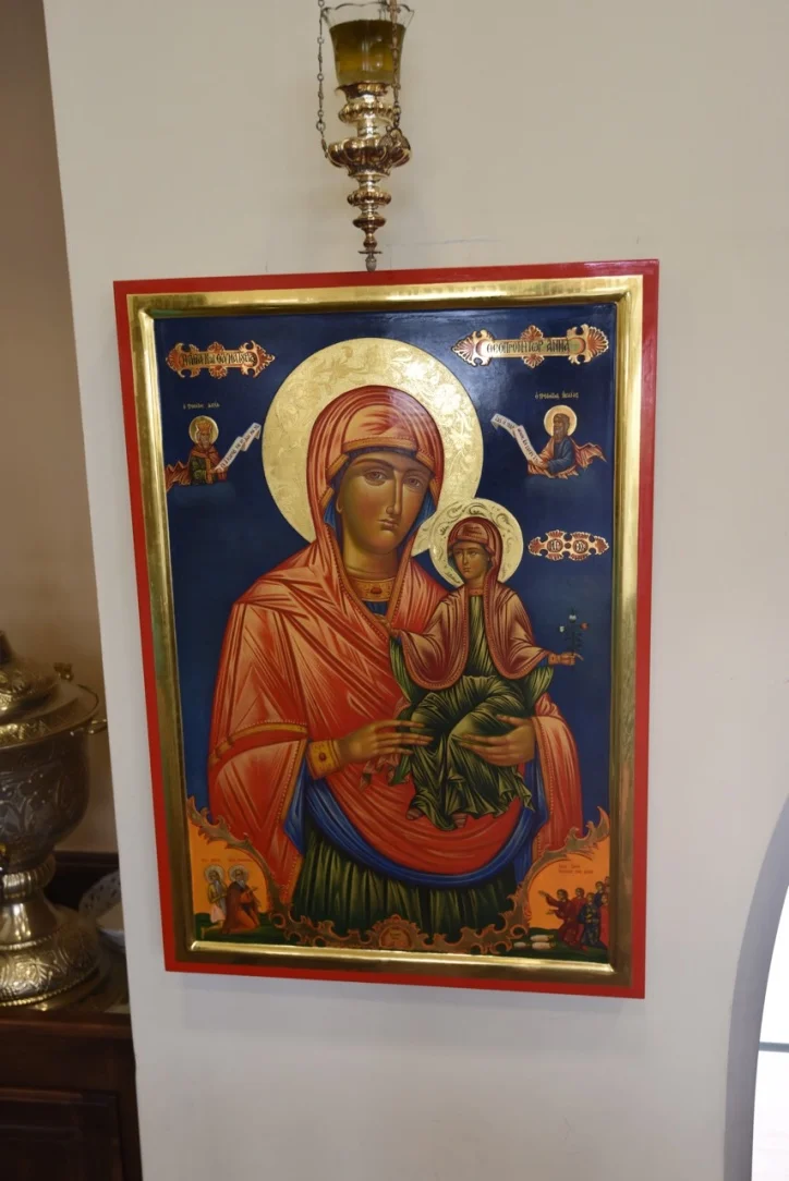 The copy of the miracle working icon hanging at our Church, prepared by the Theophileon Brotherhood at the Skete of St. Anna, Mount Athos