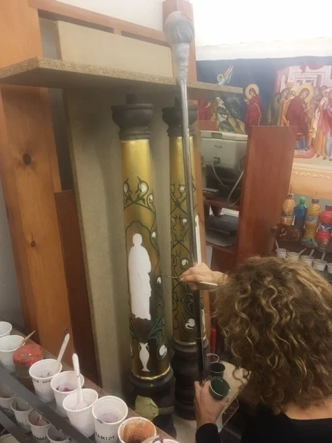Despina working on candelabras for our parish
