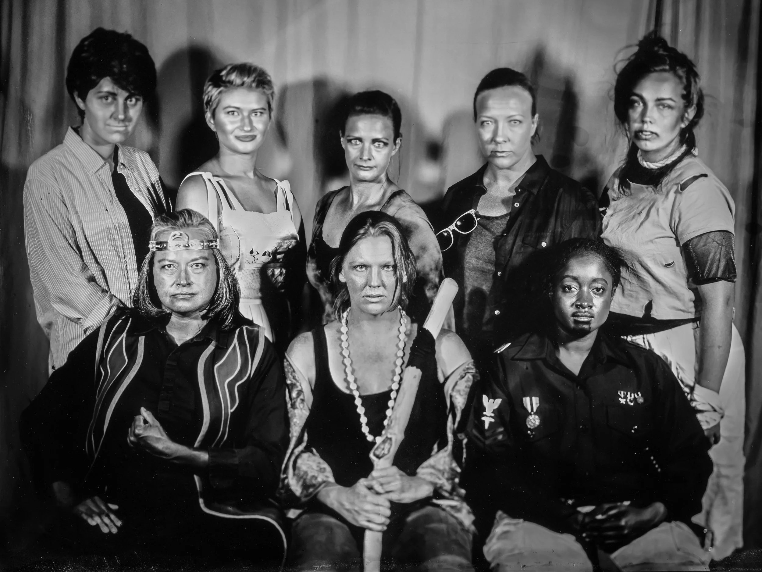 The cast of the Tempest Unrehearsed. Front row from left is Lori Holm, Jennifer Reeves-Wilson and Amber Cartwright. Back row from left is Paula Smiech, Annalise Palatine, Julie Bayer, Heidi Swarthout and Allison Sword. Tintype photo courtesy of Doug Hanson.