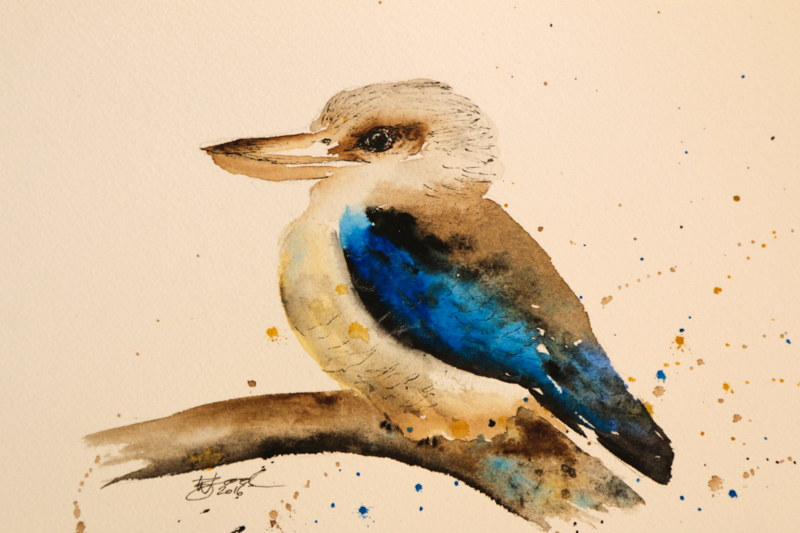 DAY ONE: Kookaburra (5.8x8.3") Watercolour and Unipin Pen 