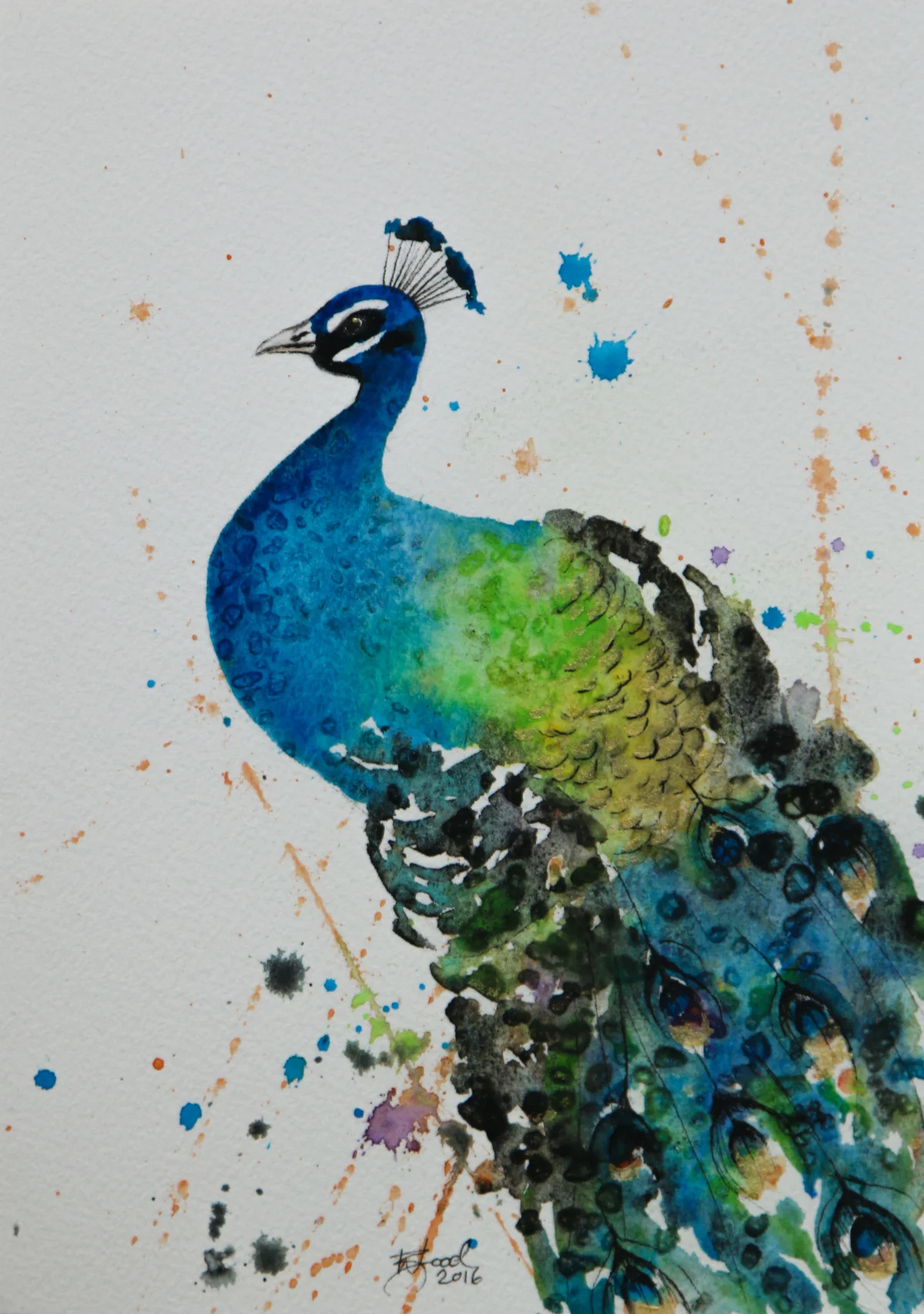 DAY THREE: Peacock (5.8x8.3") Watercolour and Unipin Pen 