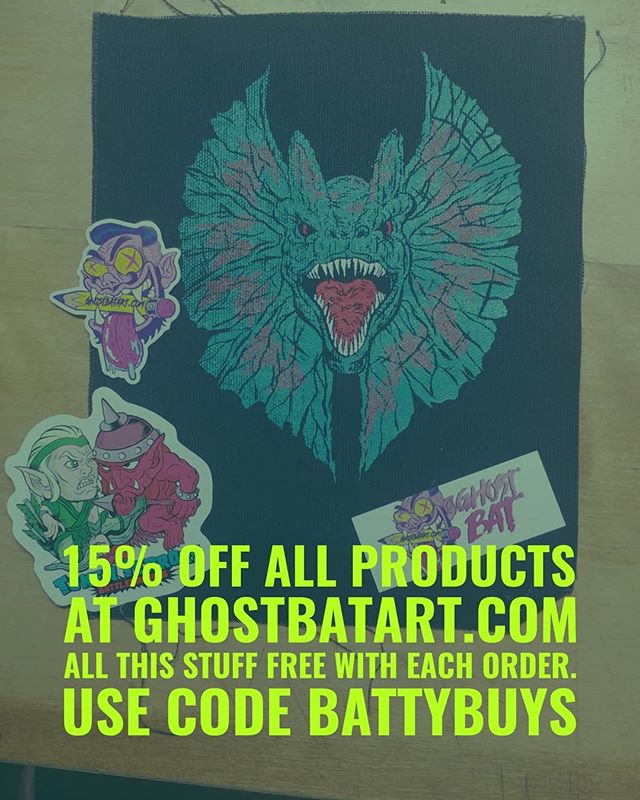 Until Friday I'm doing 15% off on everything in my online store with code BATTYBUYS 
Www.ghostbatart.com

Have #pins #buttons #posters #prints #comics #stickers 
Trying to get some money to help woth upcoming move and paying for my daughters school, 