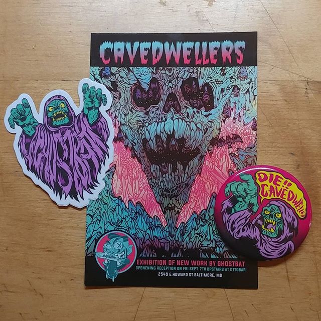 Okay all, check it out. To the first 50 people who come out to my first #artshow #Cavedwellers @theottobar on Friday Sept 7th 2018 you get a #free #diecut #sticker and 2.5 inch #button featuring the ghost hermit. 
If you're #Baltimore local keep your