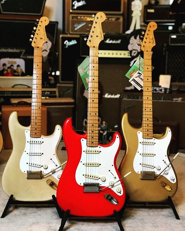 &lsquo;58 Mary Kay, &lsquo;59 Fiesta Red and &lsquo;59 Shoreline Gold Strats...😳 #stratocaster #strat #vintagestrat #fender #fenderstratocaster #fenderstrat #vintagefender #vintagefenderstratocaster #electricguitar #vintageguitars #guitar #guitarlov