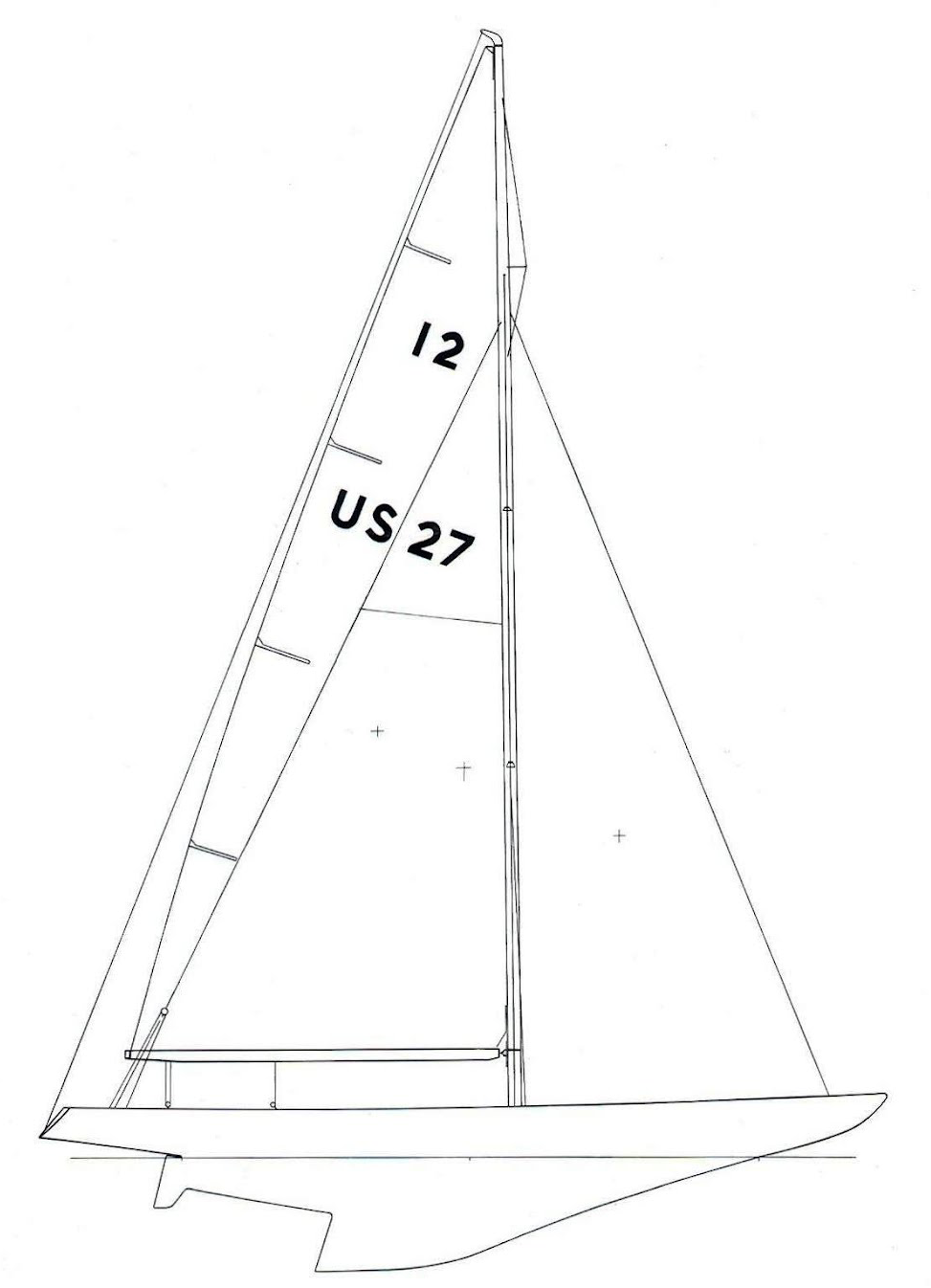 ....Sail Plan of a Sparkman & Stephens designed 12 metre yacht..Sparkman & Stephensin piirtämän 12mR -veneen purjepiirros....