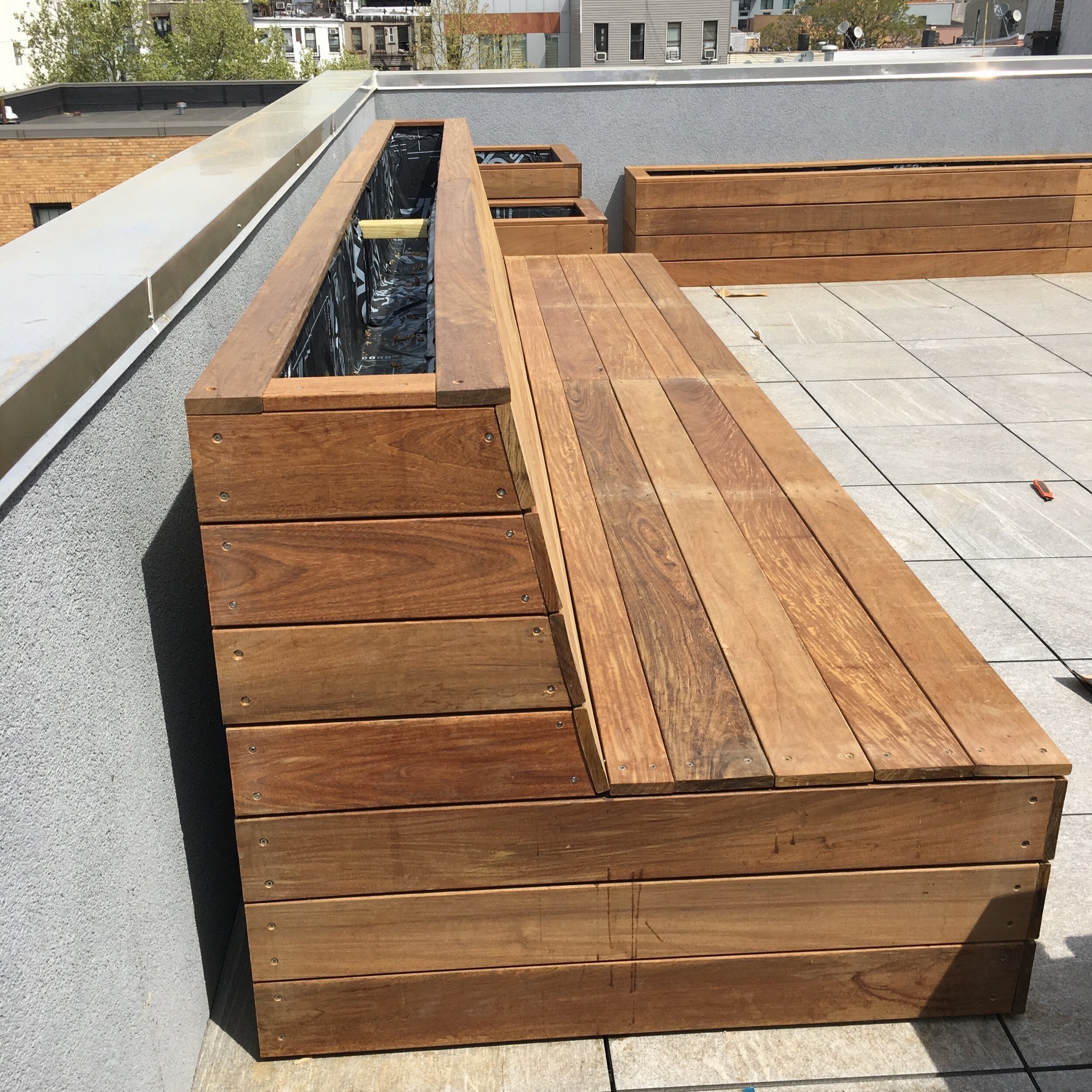 Planter box boxes bench custom ipe wood Bench with planter boxes