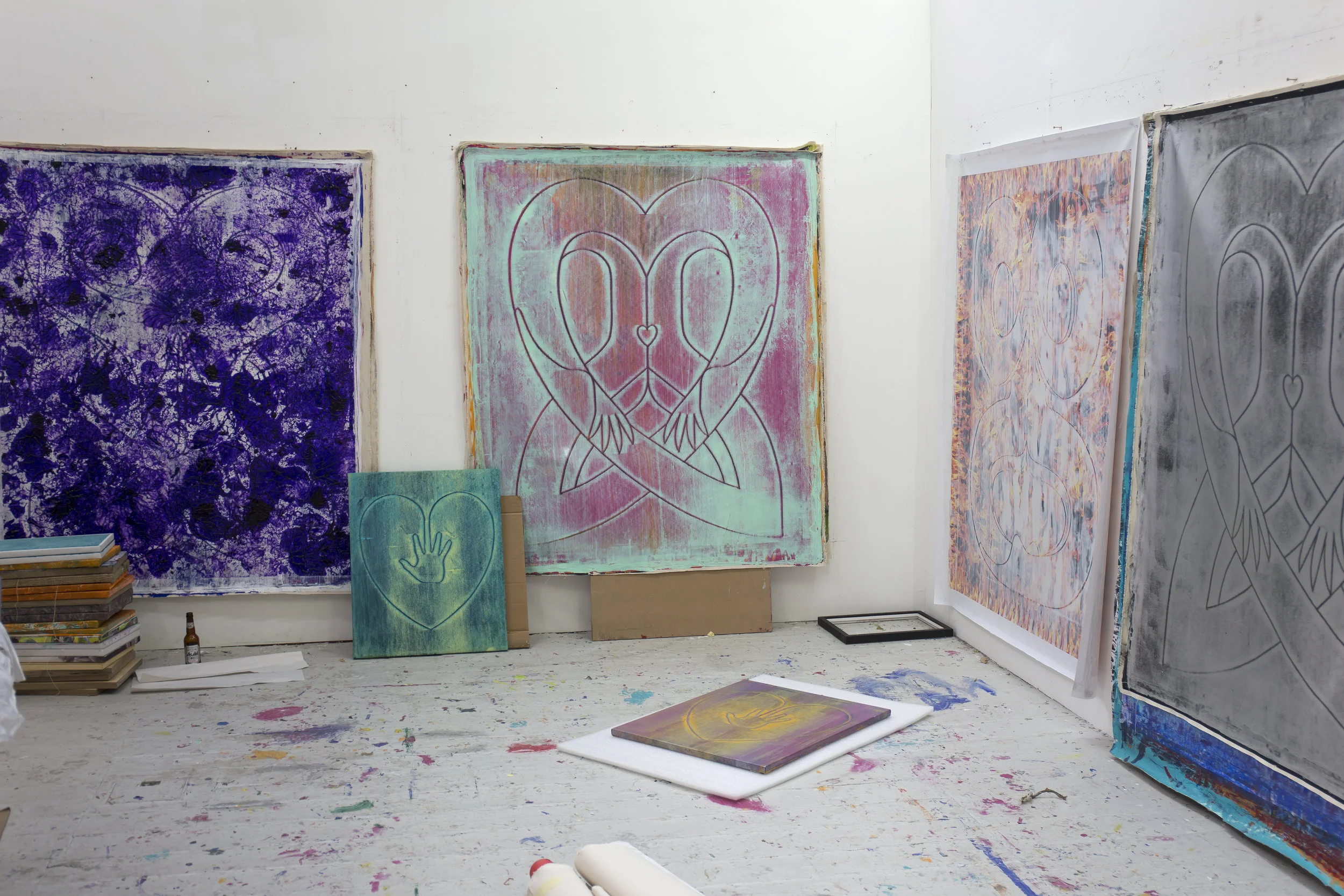 View of the studio with Hand on Heart (Turquoise) and (Silver Pink) in the foreground