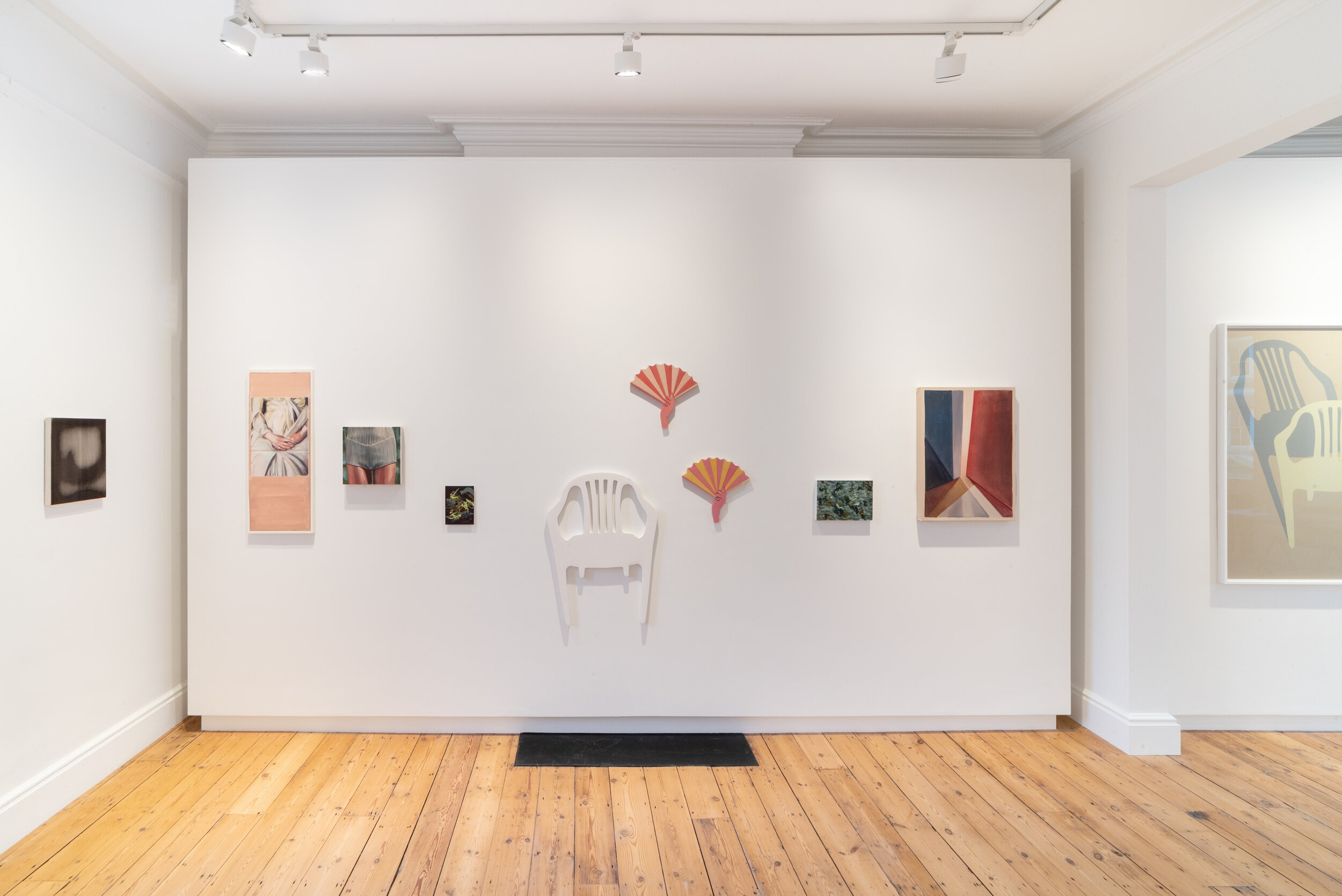  Installation View  [LR]: Yuichiro Kikuma, Variations III no. 10, 2020; Bárbara Alegre, Embrace, 2020; Landscape, 2020; Alice Kemp; Leaves and their Shadows, 2020; Irini Bachlitzanaki, Chair (white Monobloc), 2021; The Hand-held Fan and the Calming H