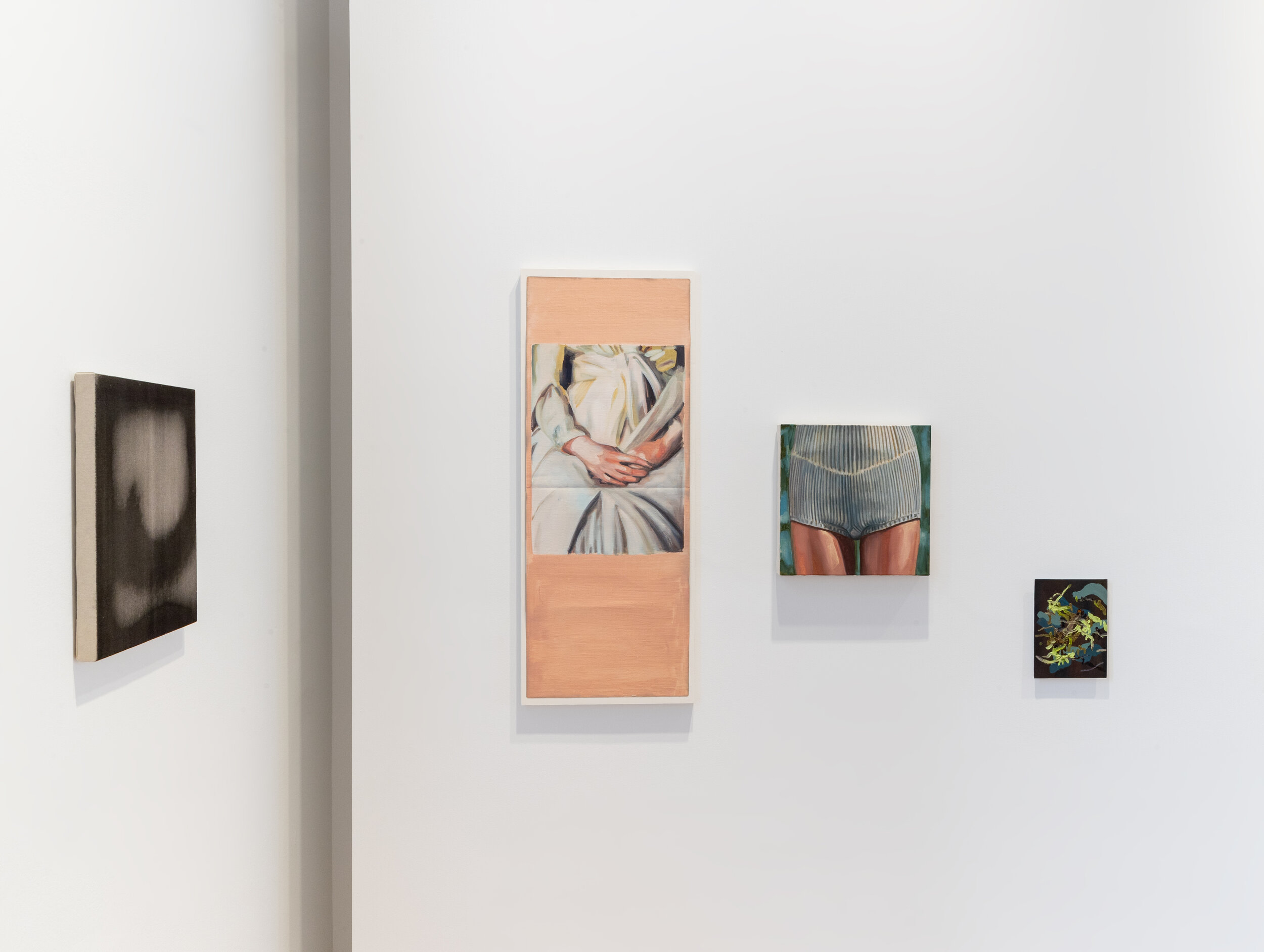  Installation View  [LR]: Yuichiro Kikuma, Variations III no. 10; 2020; Bárbara Alegre, Embrace, 2020; Landscape, 2020; Alice Kemp, Leaves and their Shadows, 2020. 