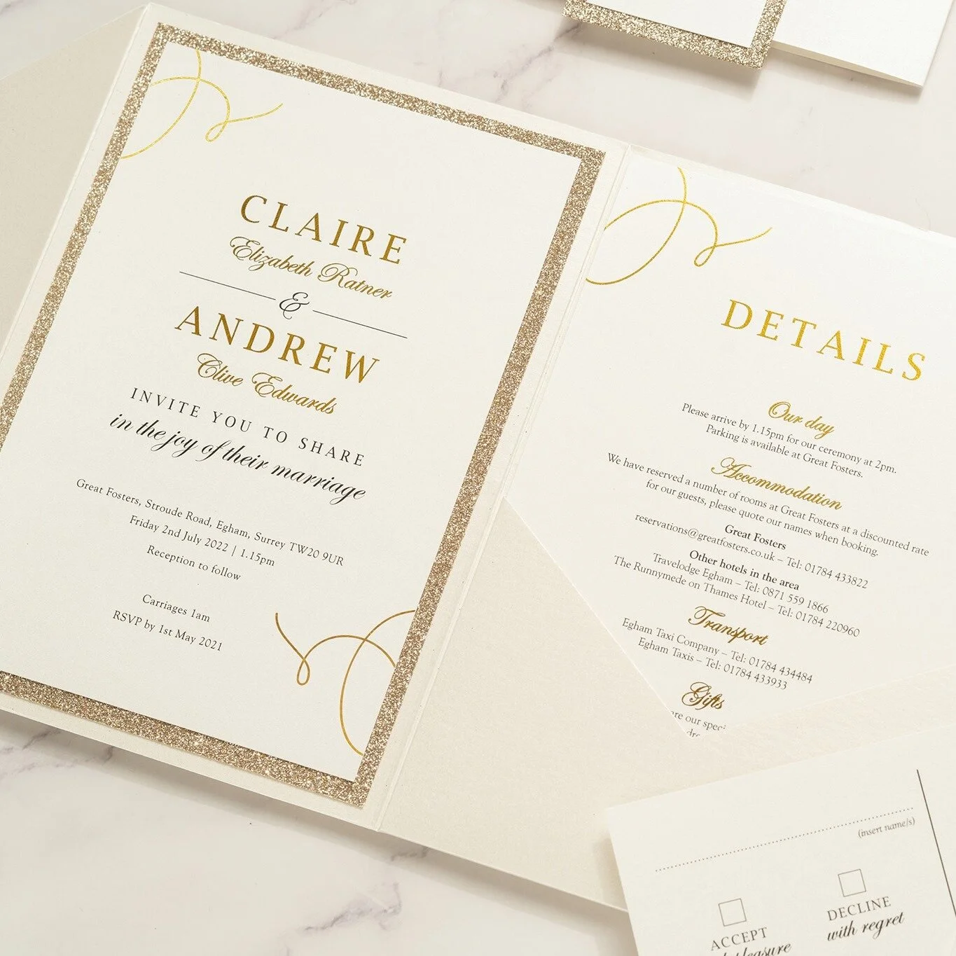 gold wedding invite with calligraphy