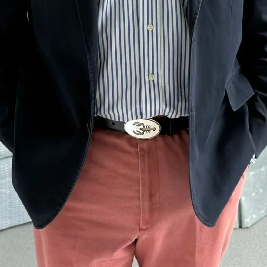 Sterling Silver Lobster Belt Buckle Worn on Leather Belt at Waist