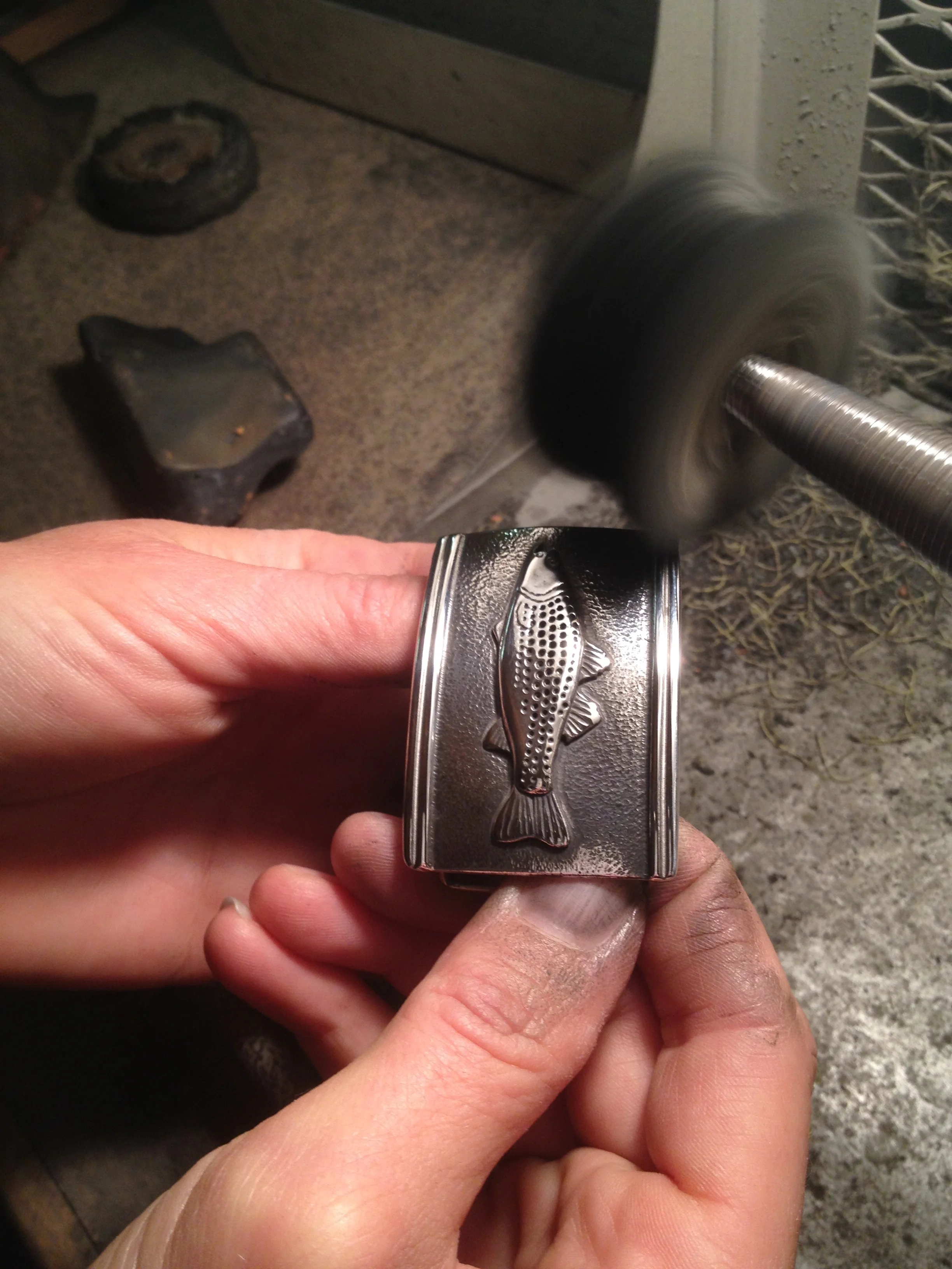 handmade sterling silver striped bass belt buckle 