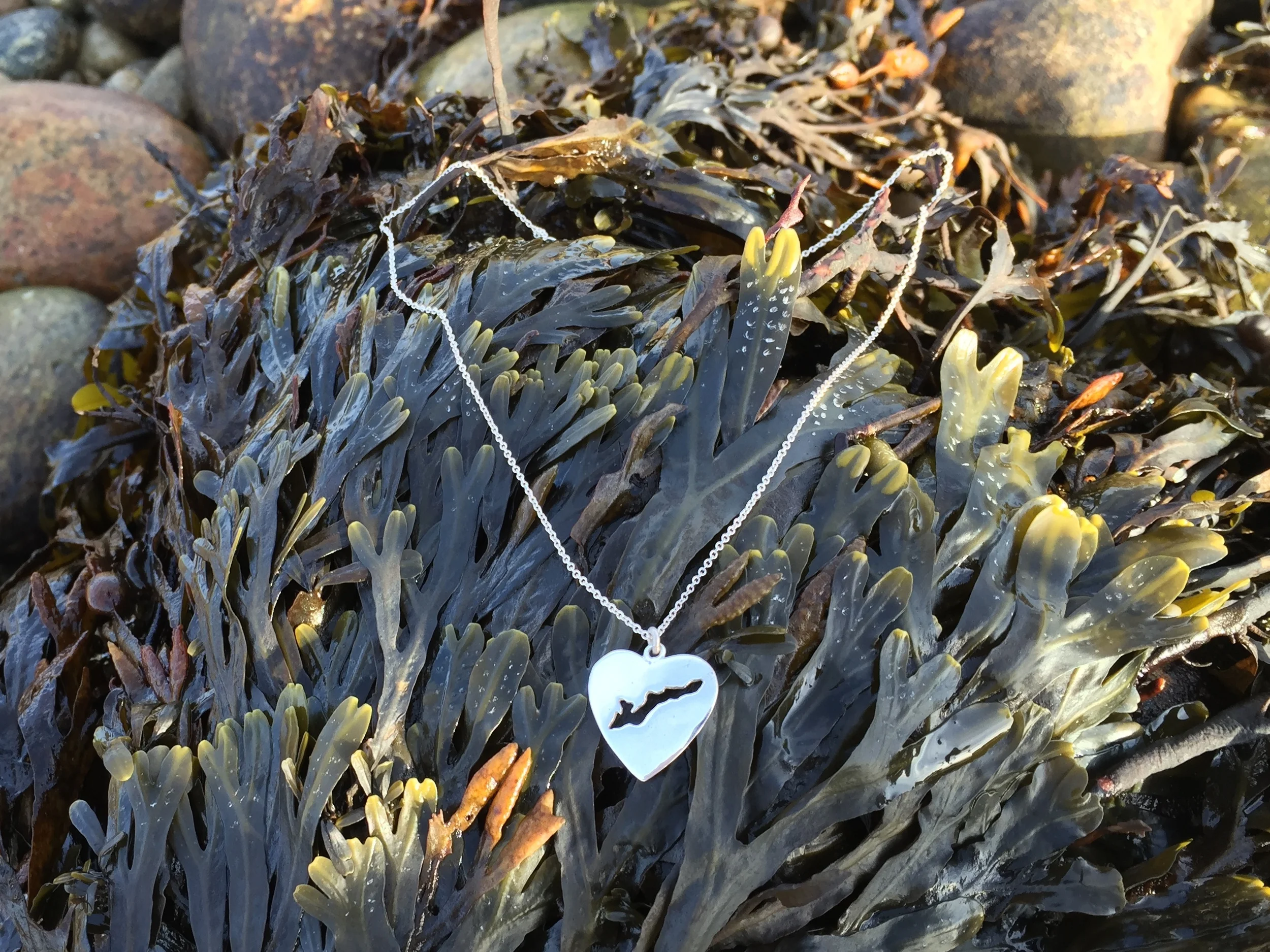 Handmade sterling silver Fishers Island heart charm sea weed
