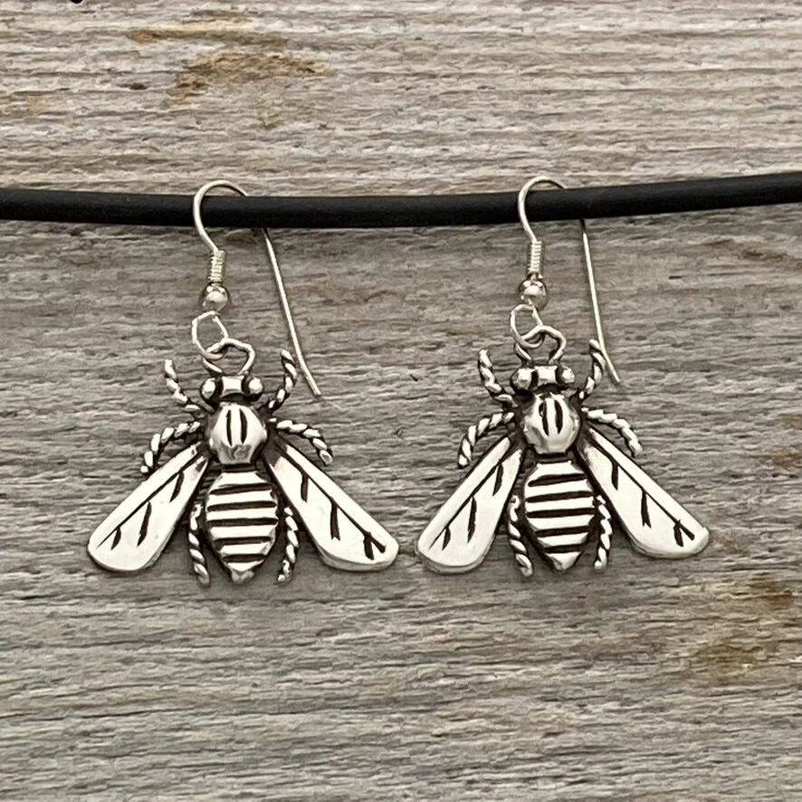 Sterling silver large bee earrings by silversmith Wendy Krag O'Neil