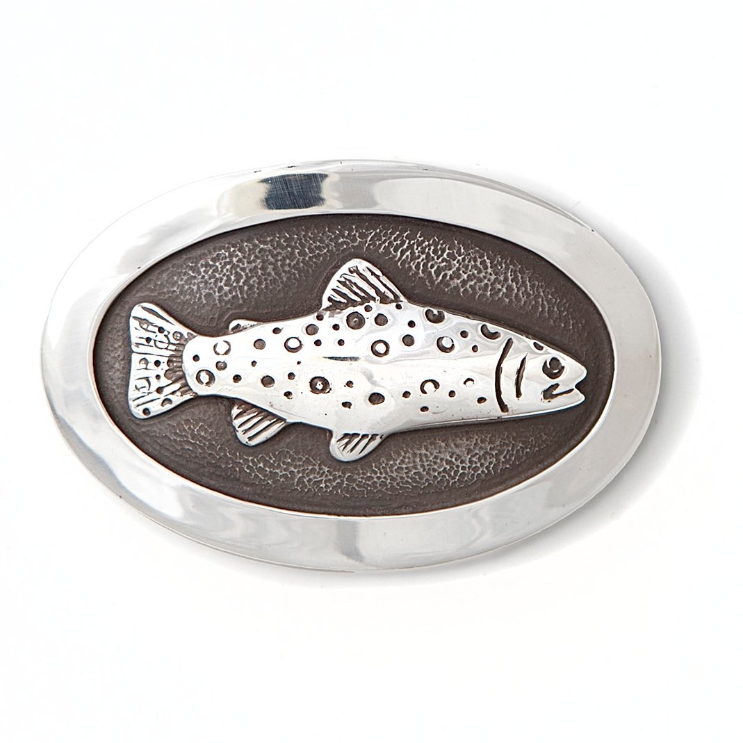 handmade sterling silver oval trout belt buckle