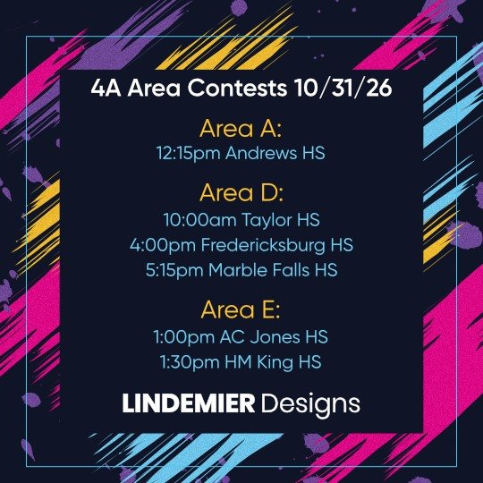 Good luck to all of the 4A high school marching band programs competing at UIL Area Contests this weekend! Make sure to catch Lindemier Designs clients in Areas A, D, and E!