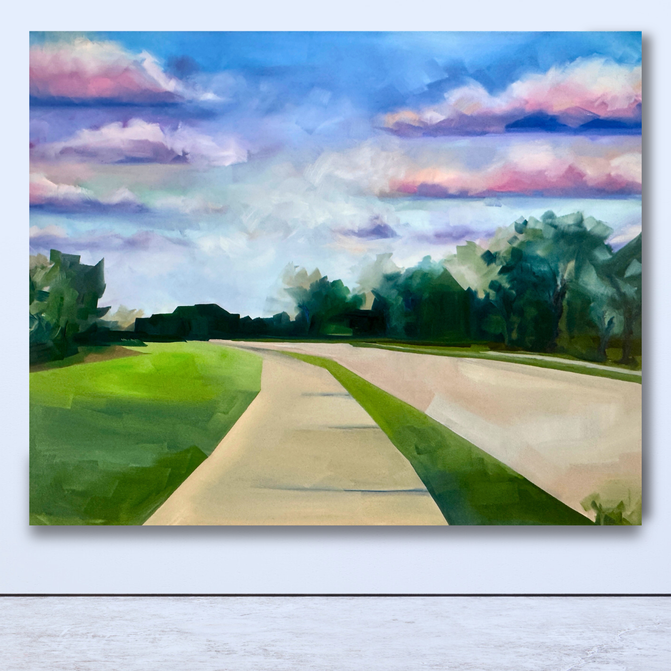 I love when you walk toward me: Brookside by the creek An abstract landscape painting of a sky with clouds and trees on a grassy hill, with a winding path.