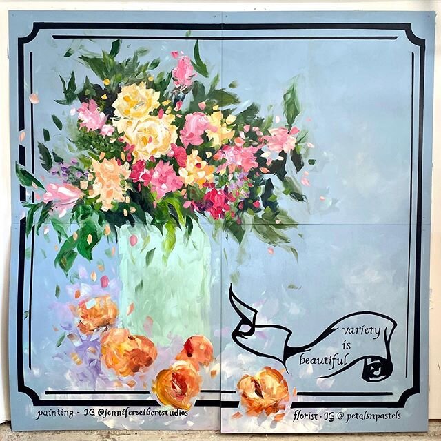 @dallasfarmersmarket  is it DONE! Thanks for your patience. Can&rsquo;t wait to get it installed! 
@petalsnpastels thank you so much for the beautiful bouquet to inspire the mural! 
#dallasfarmersmarket 
#mural 
#varietyisbeautiful 
#abstractpainting
