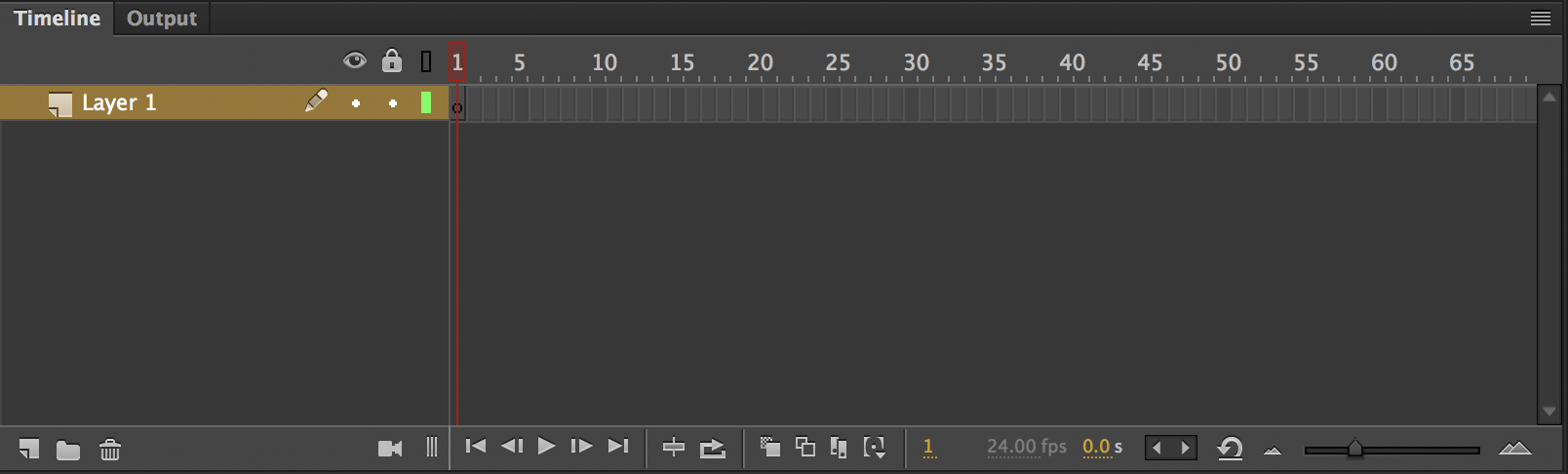 The Animate timeline looks incredibly similar to the timeline from Flash and is defined by the frame count. The seconds timer is located in the lower right panel next to the FPS counter. 
