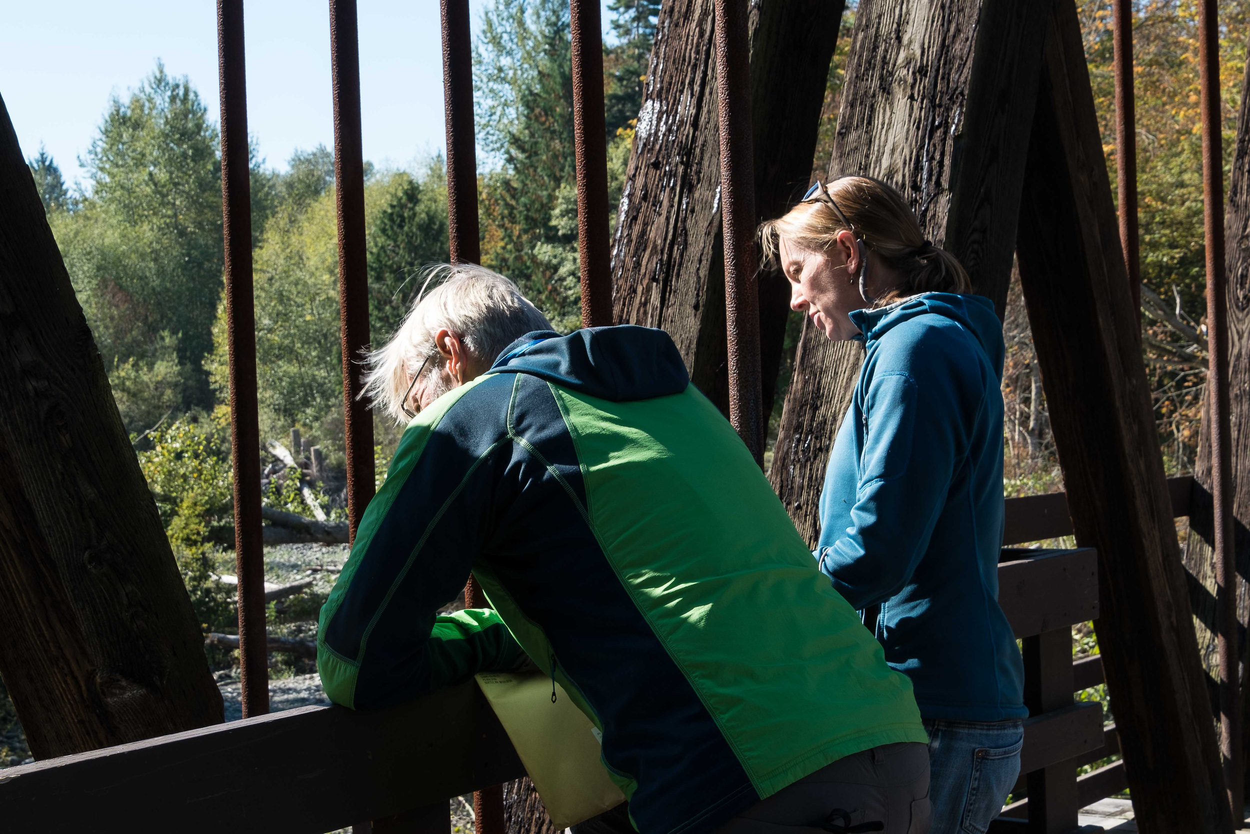  Randy Johnson, Habitat Program Manager with the Jamestown S’Klallam Tribe, and Jenny Baker, Senior Restoration Manager for The Nature Conservancy watch salmon swimming upstream below the trestle bridge. 