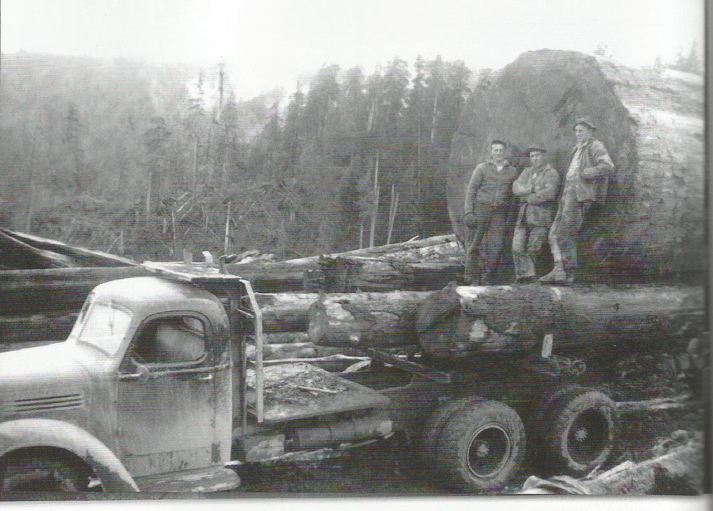  Brix loggers in Ellsworth during the 1940’s.&nbsp; Left to right: Johnny Bighill, Art Paavola, and Arvin Simukka. Photo from “When Logging Was Logging: 100 Years of Big Timber in Southwest Washington” 2011.&nbsp; Appelo Archives Center.    