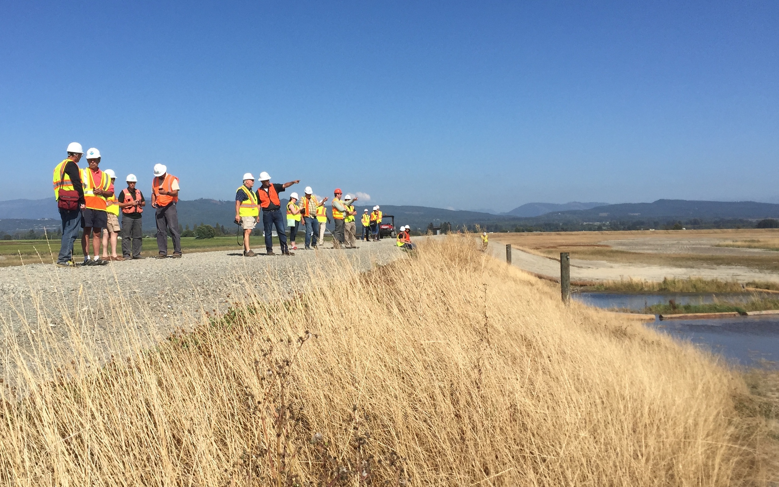  Project partners gather on the new dike to watch the incoming tide.&nbsp; 