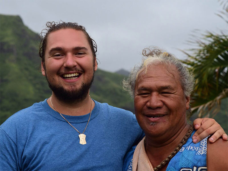 Spencer Greening, from the Gitga'at Nation on the north coast of British Columbia, making friends with respected Hawaiian elder and knowledge holder. 