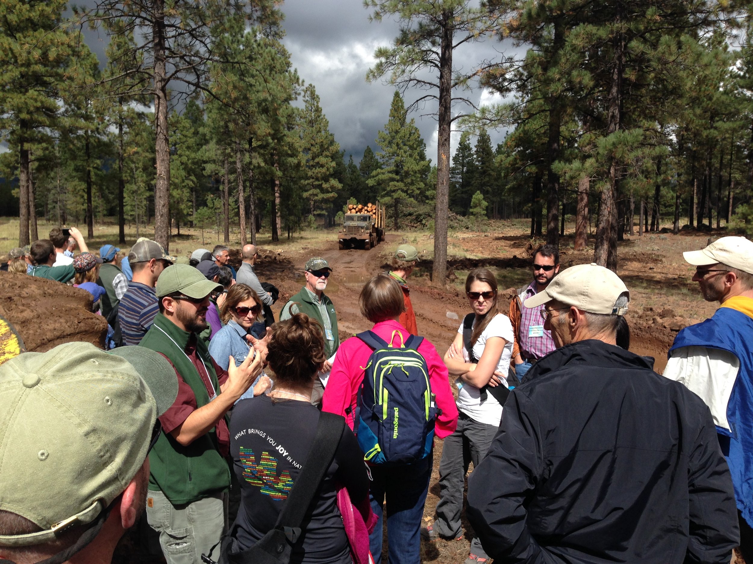  The Restoring America's Forests crew waiting for a log truck to pass in a northern Arizona ponderosa pine forest thinning project.&nbsp; 