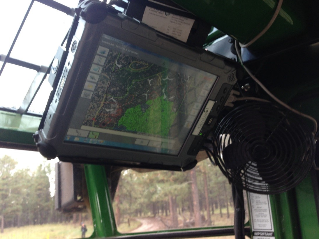  An in-cab tablet that helps the logger to know which trees to cute and which trees to leave behind in order to help achieve ecological restoration.&nbsp; 