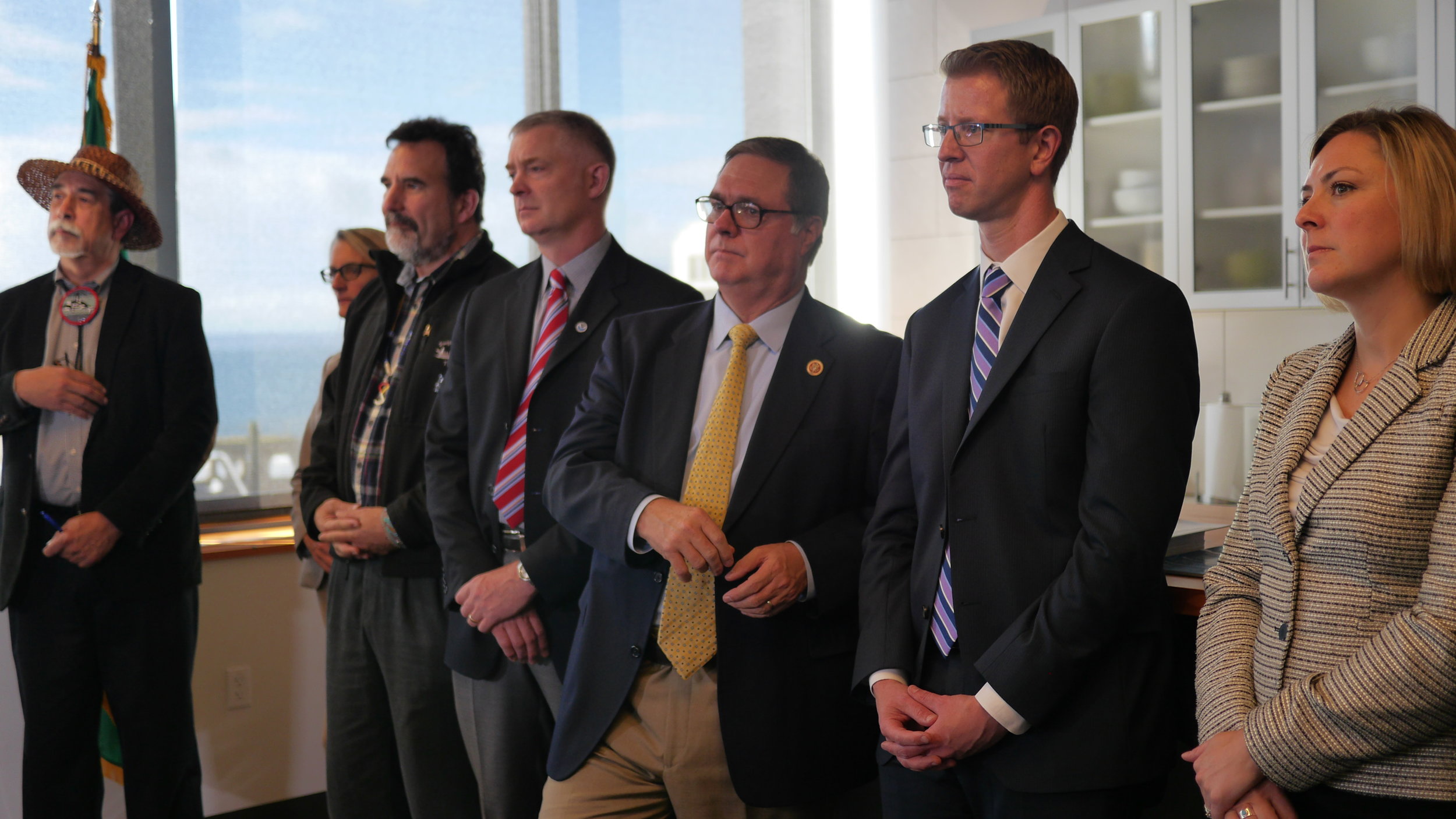  From left to right: Chairman Sheldon, Martha Kongsgaard, Chairman Forsman, Barry Thom, Congressmen Heck, Congressmen Kilmer, Director Goldfuss.&nbsp; 