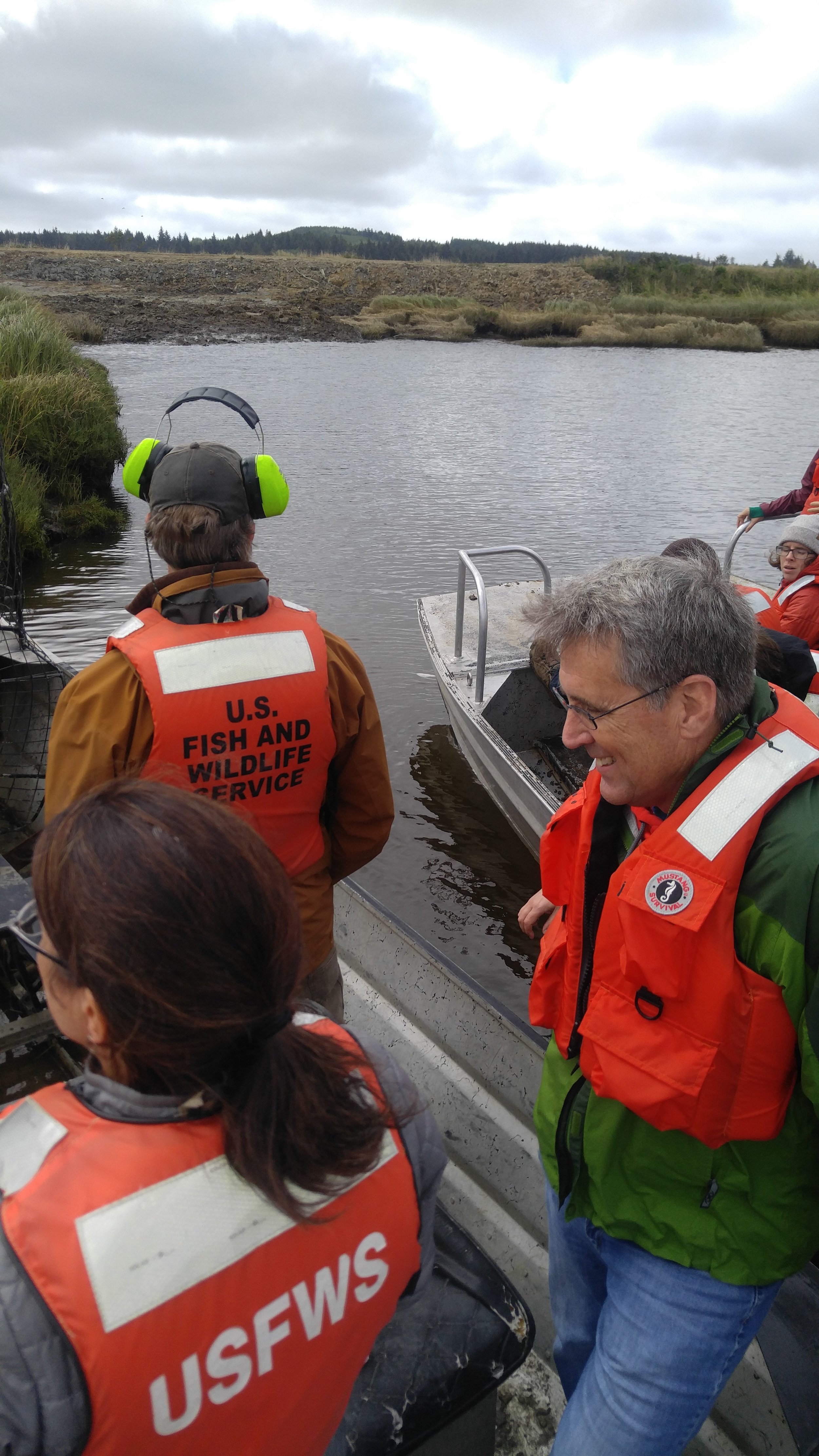  The air boats were a great way to get around in the mud flats and allowed us quick and fun access to view restoration activities. Photo © Jessica Helsley 