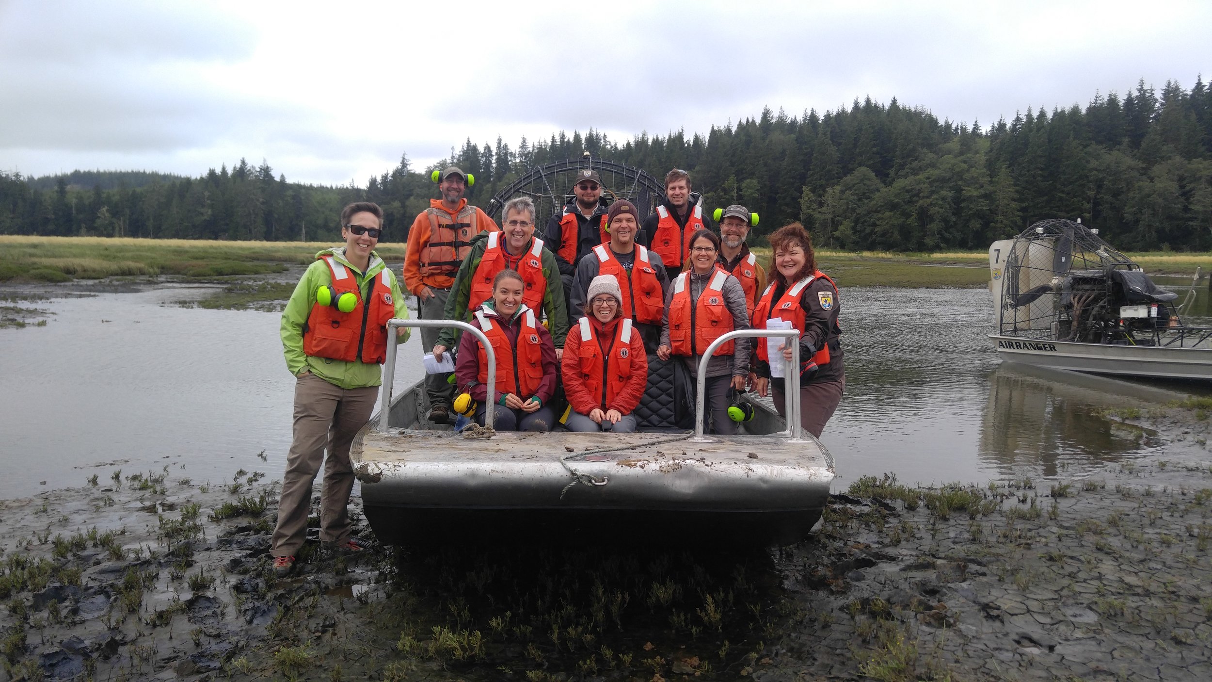  Tour participants got to experience the incredible restoration of Willapa Bay in the best way – on air boats. &nbsp;Ear protection was essential! Photo © Jessica Helsley 