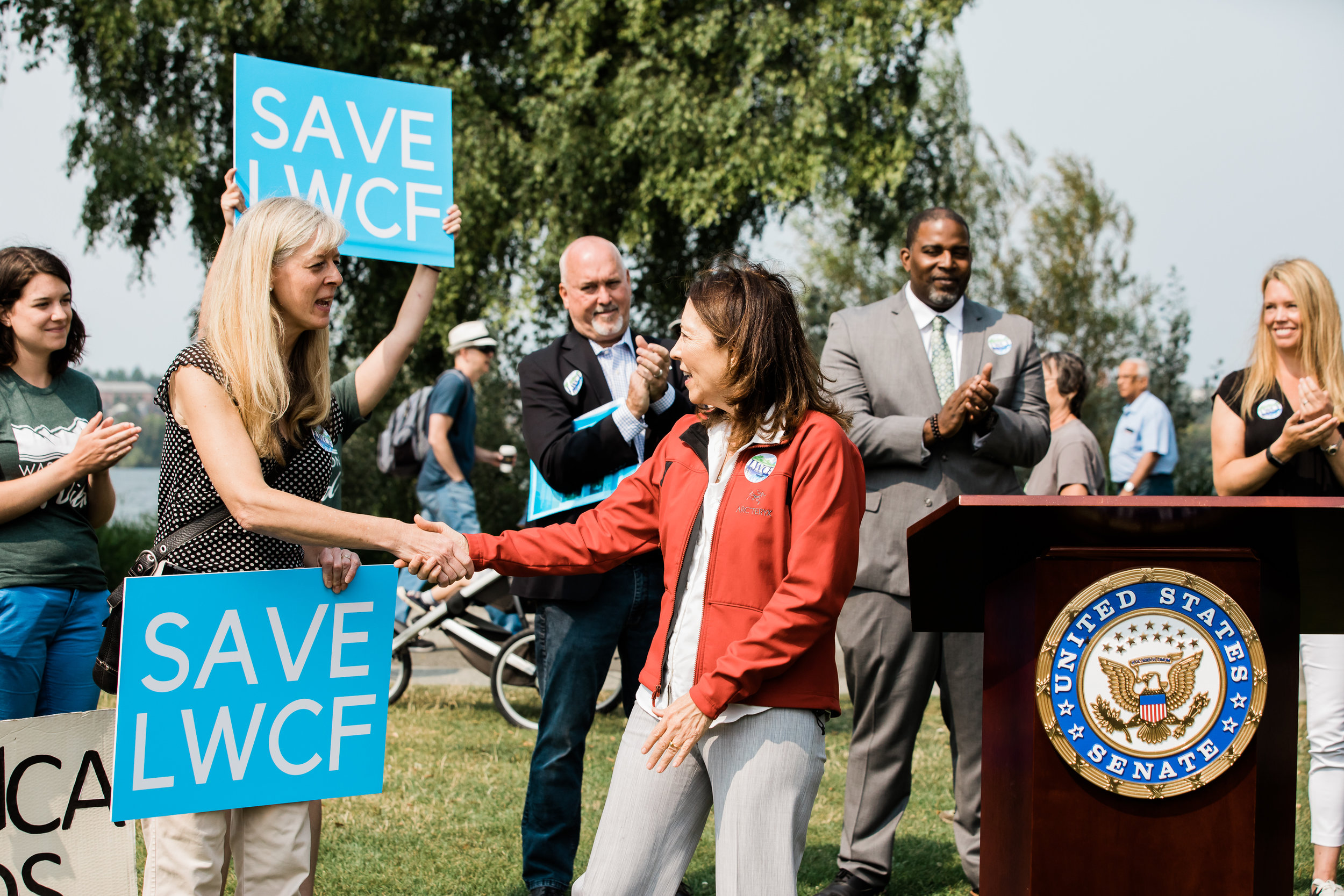  We are part of a nationwide coalition of more than 1400 organizations calling for permanent reauthorization and full funding for LWCF. Here, Joanna Grist from the national  LWCF Coalition  shakes hands with Sen. Cantwell. Photo by Stevie Rotella 