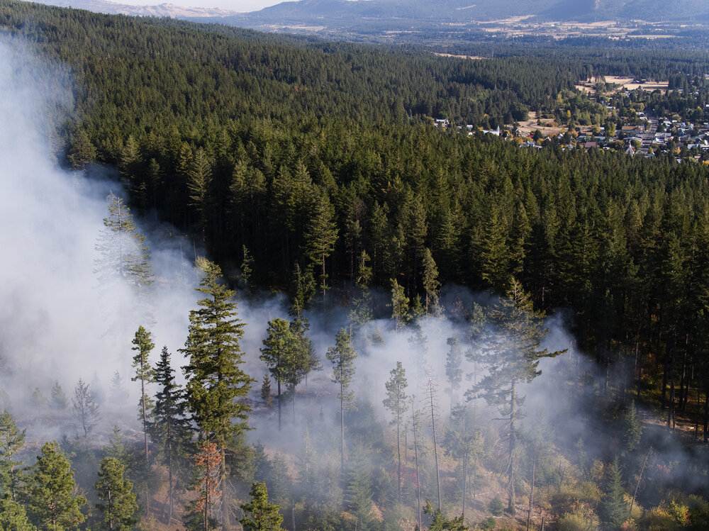 Smoke rises from a prescribed fire during the 2018 Cascadia TREX outside the town of Roslyn (pictured in the background). © John Marshall