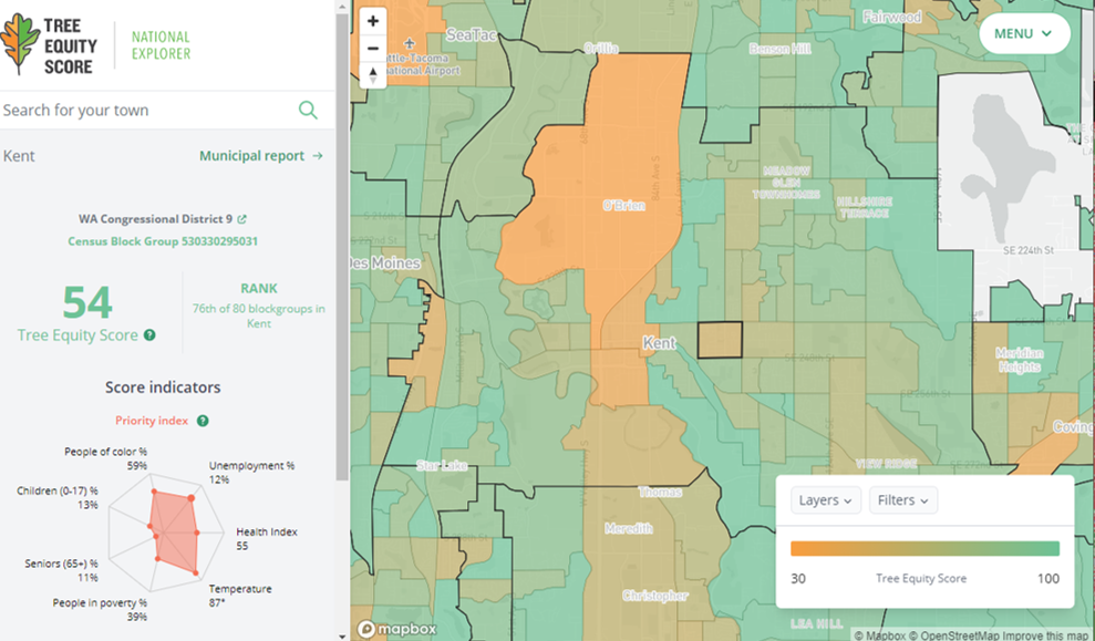 A look at the Tree Equity Score map focused on Kent, Wash. By selecting a Census Block group, you can pull up additional information about the score. Source: treeequityscore.org