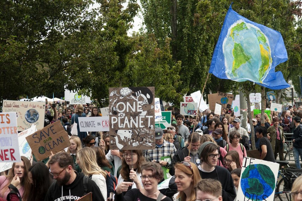 People march in support of climate and environmental action with signs