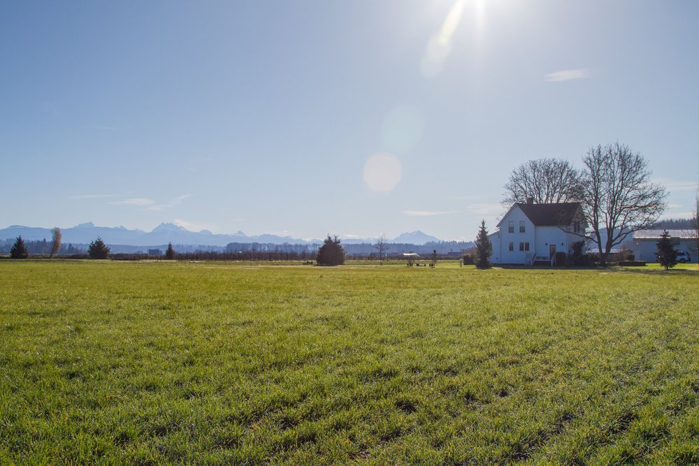 Sun shines on a farmhouse and fields