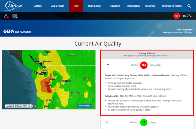 Screengrab of airnow.gov current air quality map