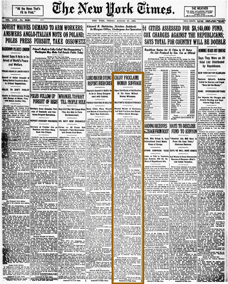 New York Times article on passing of 19th Amendment