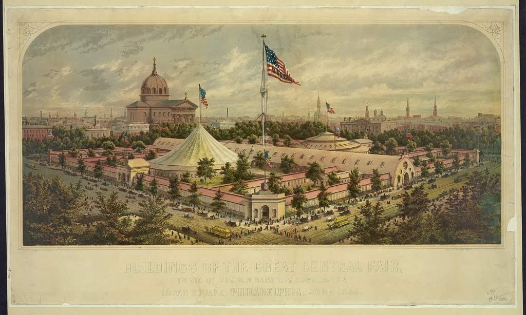 Buildings of the Great Central Fair, in aid of the U.S. Sanitary Commission, Logan Square, Philadelphia, June 1864, Library of congress.
