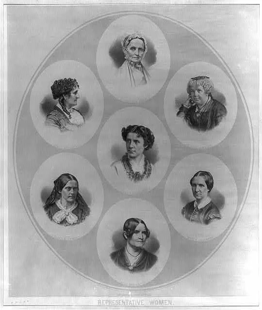 Portraits of seven prominent suffragists: Mott, Greenwood, Stanton, Dickinson, Livermore, Anthony, and Child. Library of Congress.
