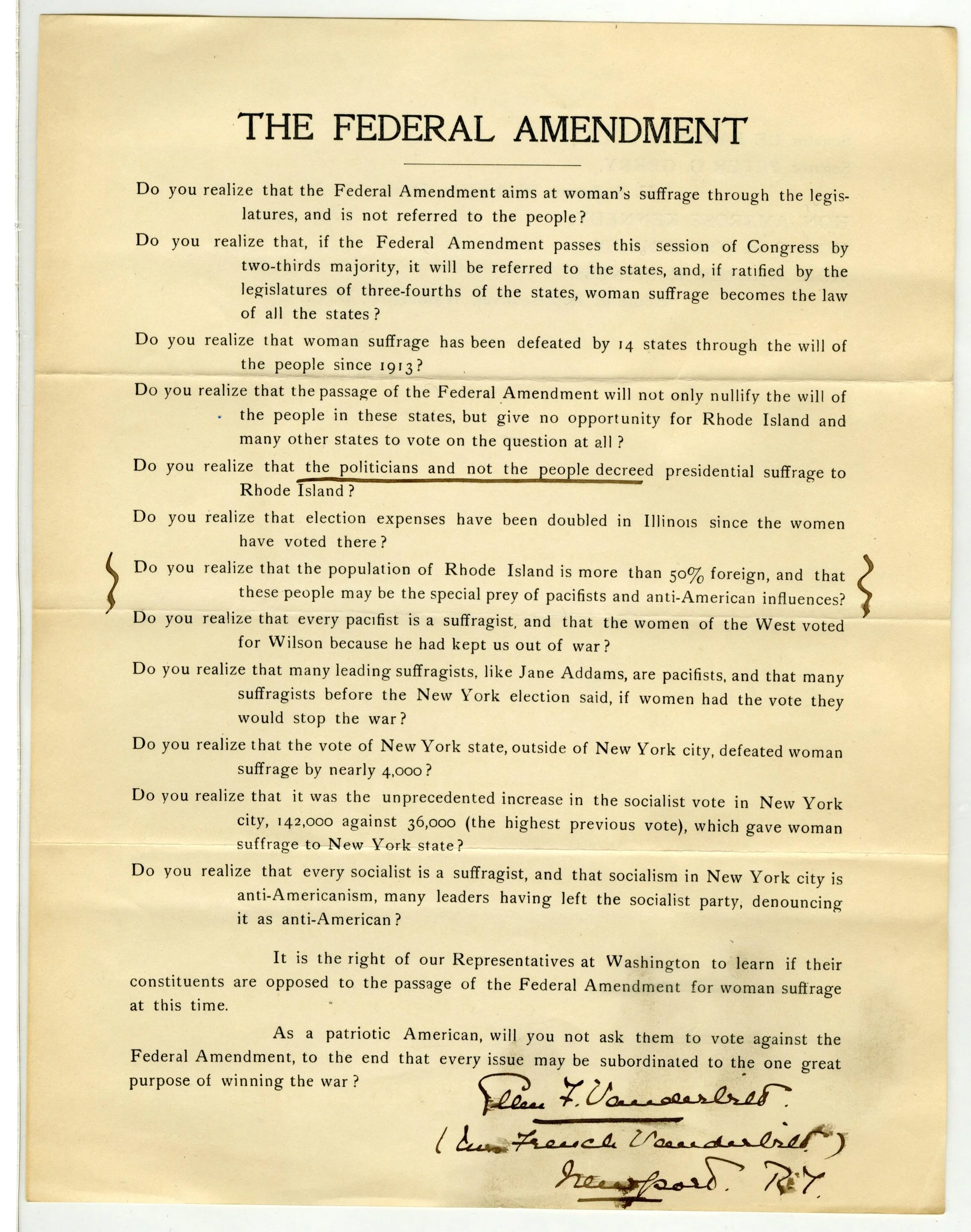 Letter Regarding the Federal Amendment from Ellen F. Vanderbilt