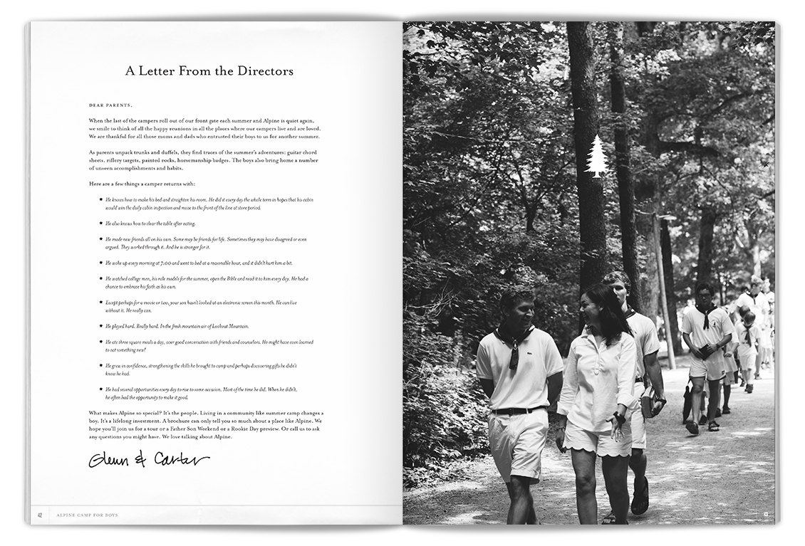 The final page of the brochure is a letter from the organization directors. I suggested using the photo shown (featuring the directors), which was previously alongside the Table of Contents in an earlier iteration .