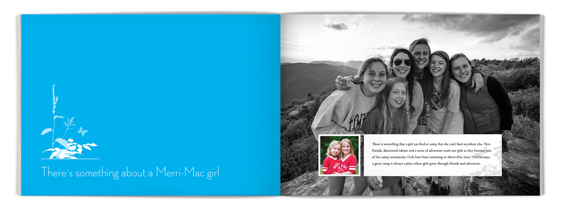 For the inside cover, I set up the overlapping foliage graphic and formatted the tagline. For the opposite page I selected photography and designed the layout.