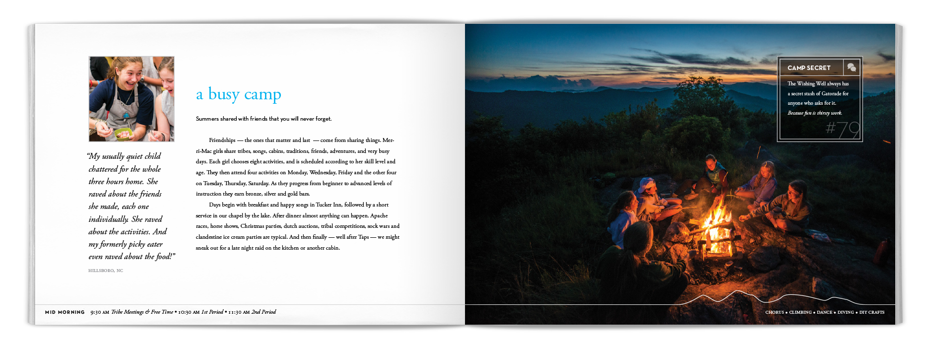 Notice the "camp secret" box changes position from spread to spread; I created a separate style for when it's placed on a photo.