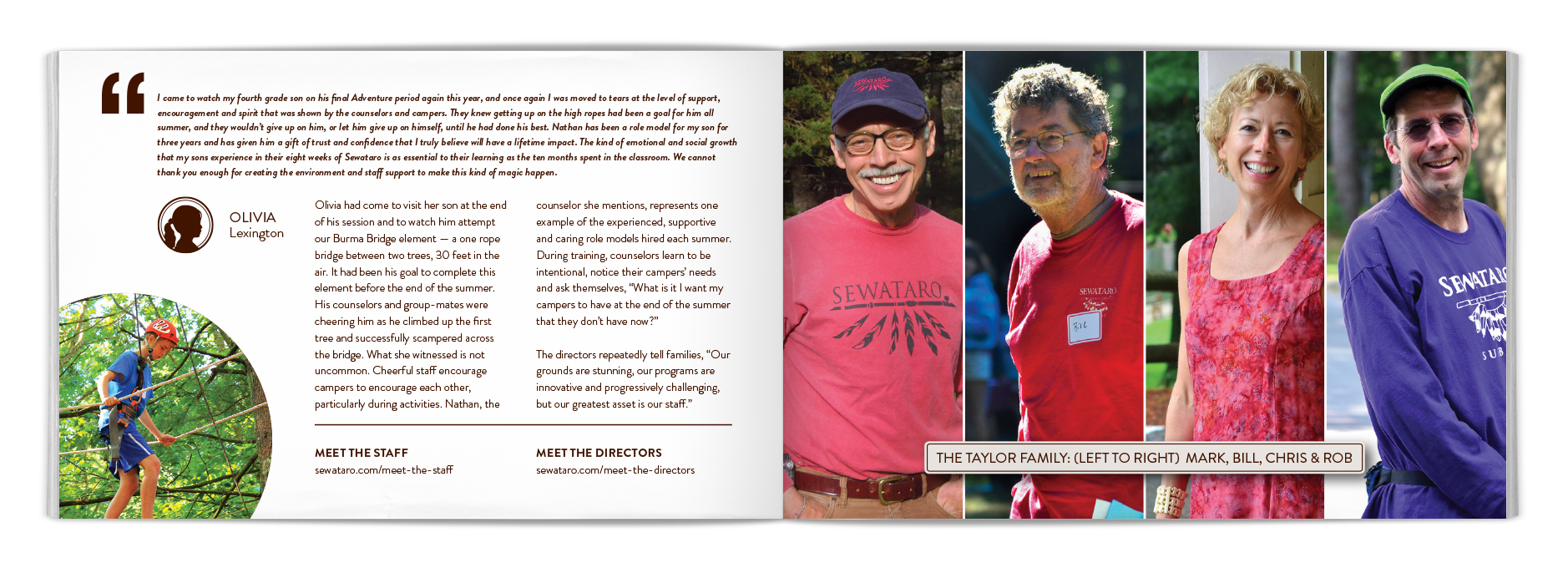 Left: The testimonial quotes are styled after the website. Notice the citation is paired with a silhouette head shot that identifies the speaker's gender. Right: It's easier said than done to balance four vertical portraits on a page like this.