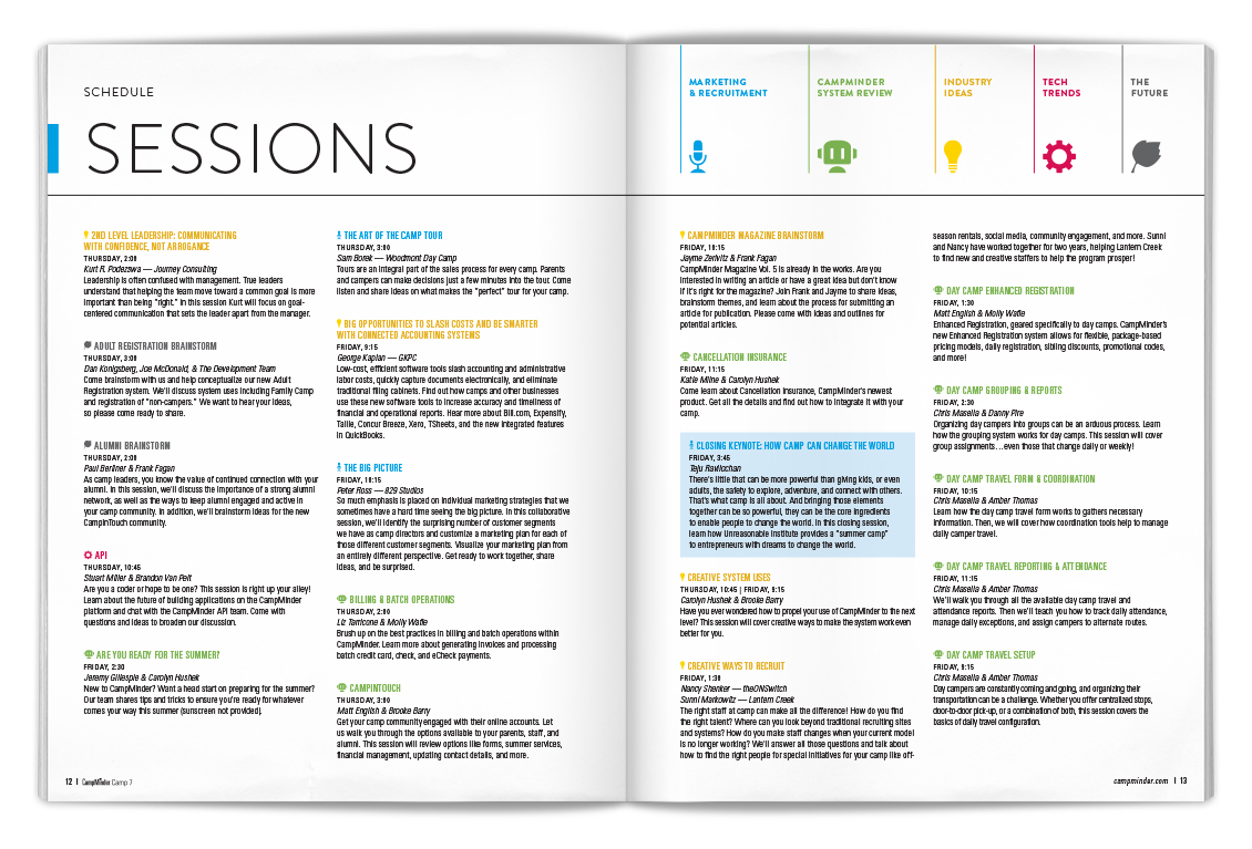 12-13 SESSIONS As I handled the most important session details in the Schedule, I also updated the descriptions in the Sessions index. One of the challenges here was to estimate how many pages the section would require — but without a complete set of descriptions at the outset.