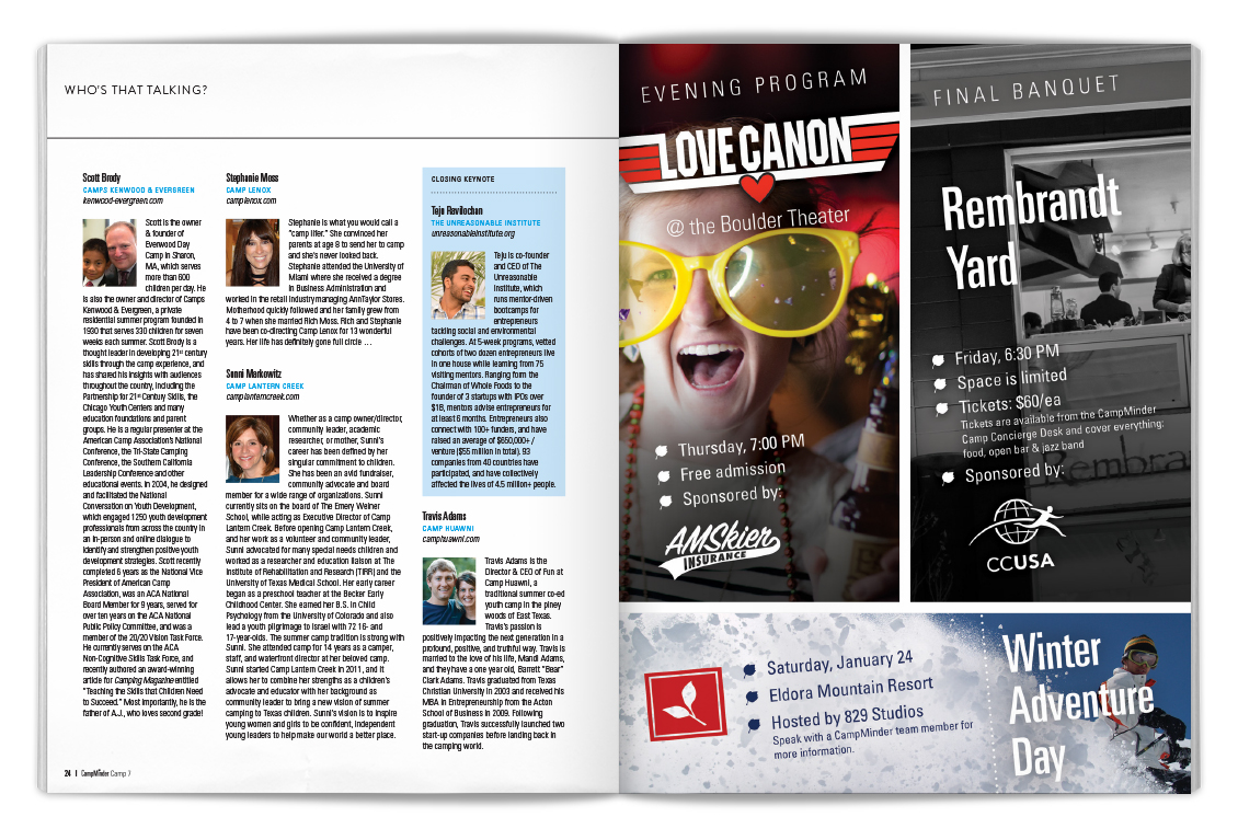 24-25 SPEAKERS / AD I designed the ads on the right-hand page for the major "extracurricular" events surrounding the conference.