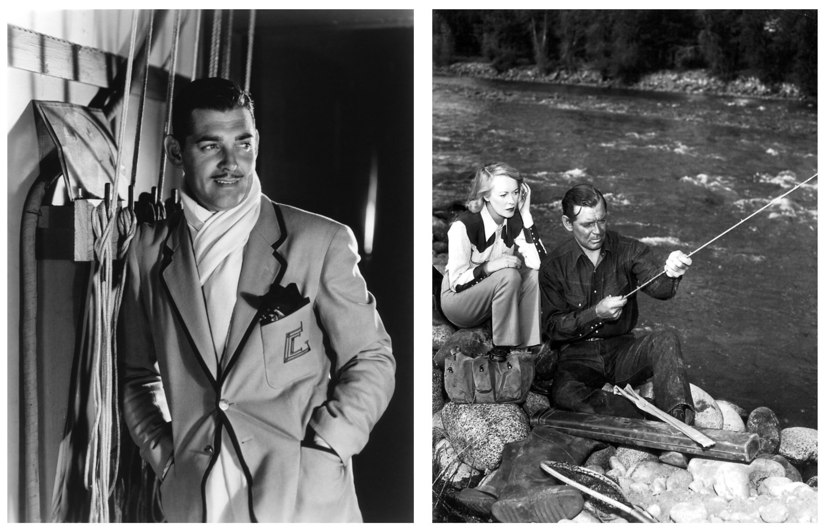 Studio publicity shot of Gable (left) and Gable and wife Sylvia fishing in Colorado during filming of Across the Wide Missouri (right).